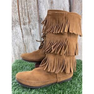 Minnetonka Three Layer Fringe Boot Rust Orange Brown Women's US 10